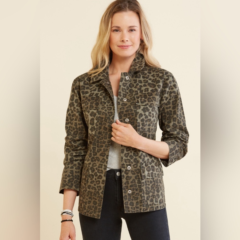 Good American Animal Print Cotton Utility Jacket Green Black Size Medium